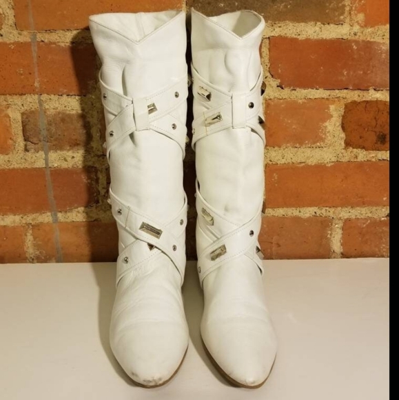 VINTAGE WHITE LEATHER BOOTS PUNK STUDDED STRAPPY SIZE 7/8 BIKER BABE ROCKER SEXY - Picture 6 of 11